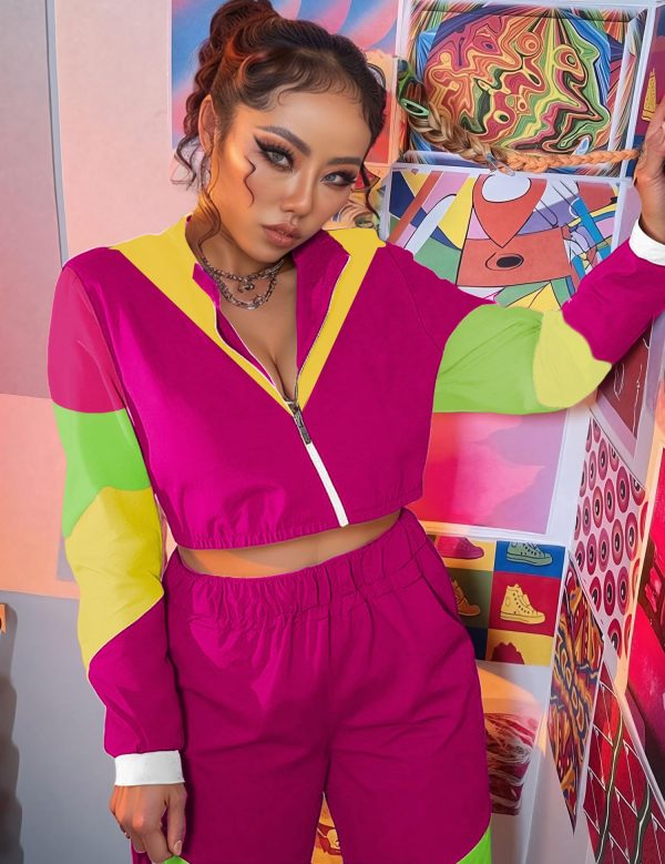 Women's Color Block 2 Piece 80s 90s Windbreaker Outfits Long Sleeve Zip Front Crop Top Tracksuit Set