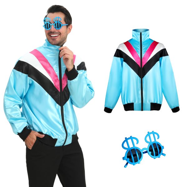 Adult Long Sleeve Color Block Lightweight 80s Tracksuit,Zipper Front Retro Disco Windbreaker Jacket Costume.