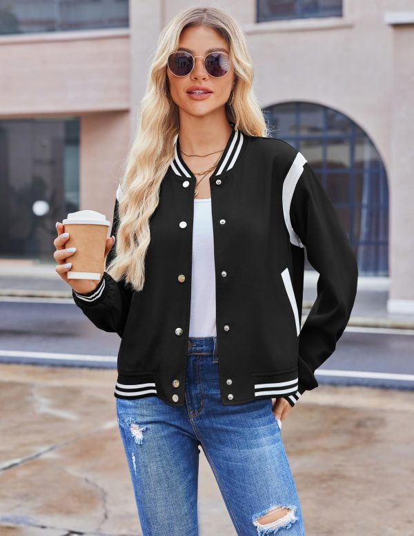 Bomber Jacket Women Varsity Casual Button Down Lightweight Spring Short Outwear with Pockets