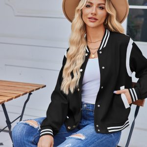 Bomber Jacket Women Varsity Casual Button Down Lightweight Spring Short Outwear with Pockets